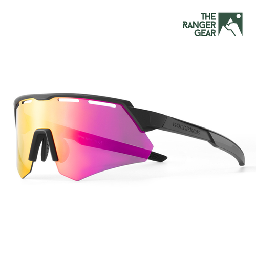 Sunglasses with pink and yellow reflective lenses on a white background, featuring 'The Ranger Gear' logo.
